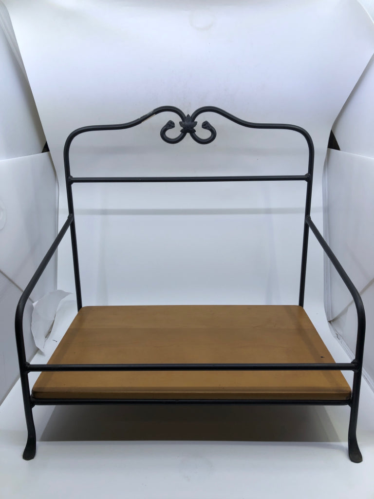 BLACK WROUGHT IRON SHELF W/ LONGABERGER WOOD SHELF.