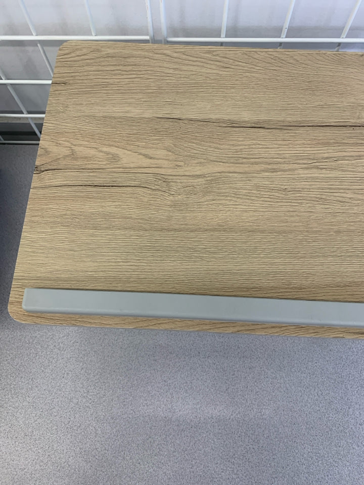 FOLDING GREY METAL LAP DESK W/TAN TOP.