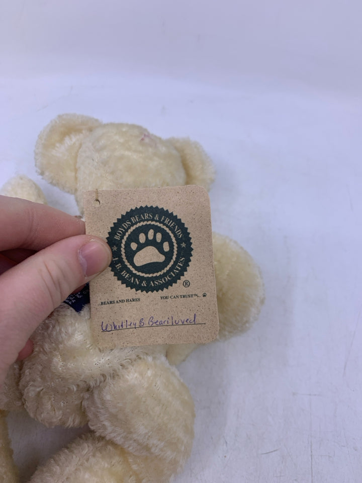 WHITE SHAG BEAR W/ FLORAL BOW BOYDS BEAR.