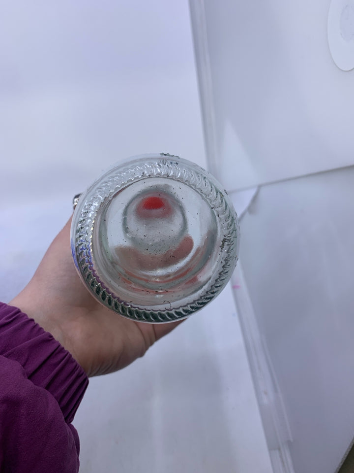 EMPTY CLEAR GLASS BOTTLE W/ METAL CLASP.