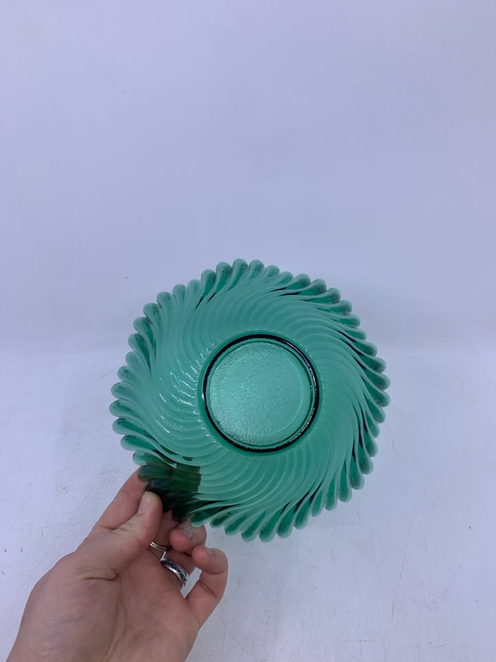 AQUA GREEN GLASS CATCH ALL W/ UNEVEN EDGES.