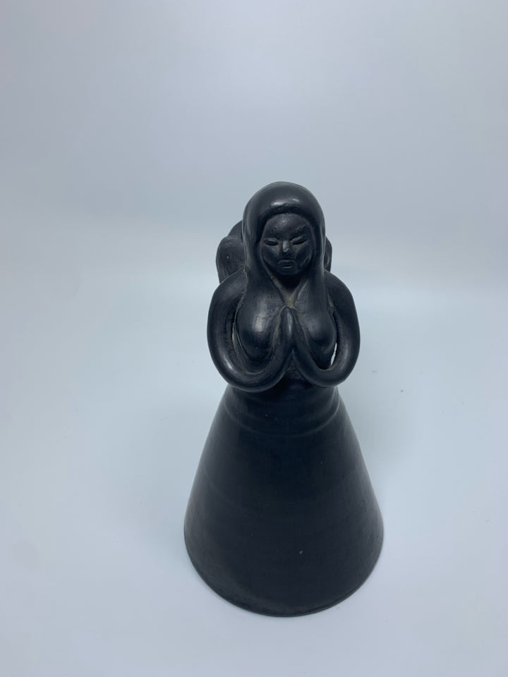 GREY GLAZED CLAY ANGEL PRAYING TAPERED CANDLE HOLDER.