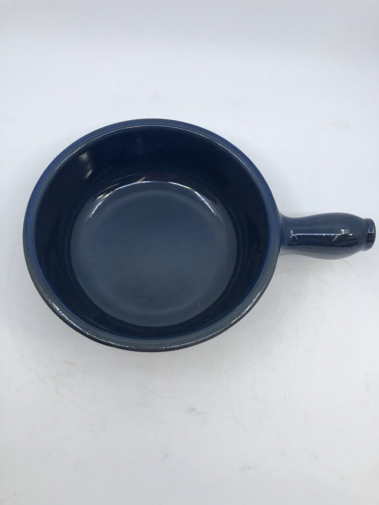 DARK BLUE POTTERY FONDUE SET + FORKS.