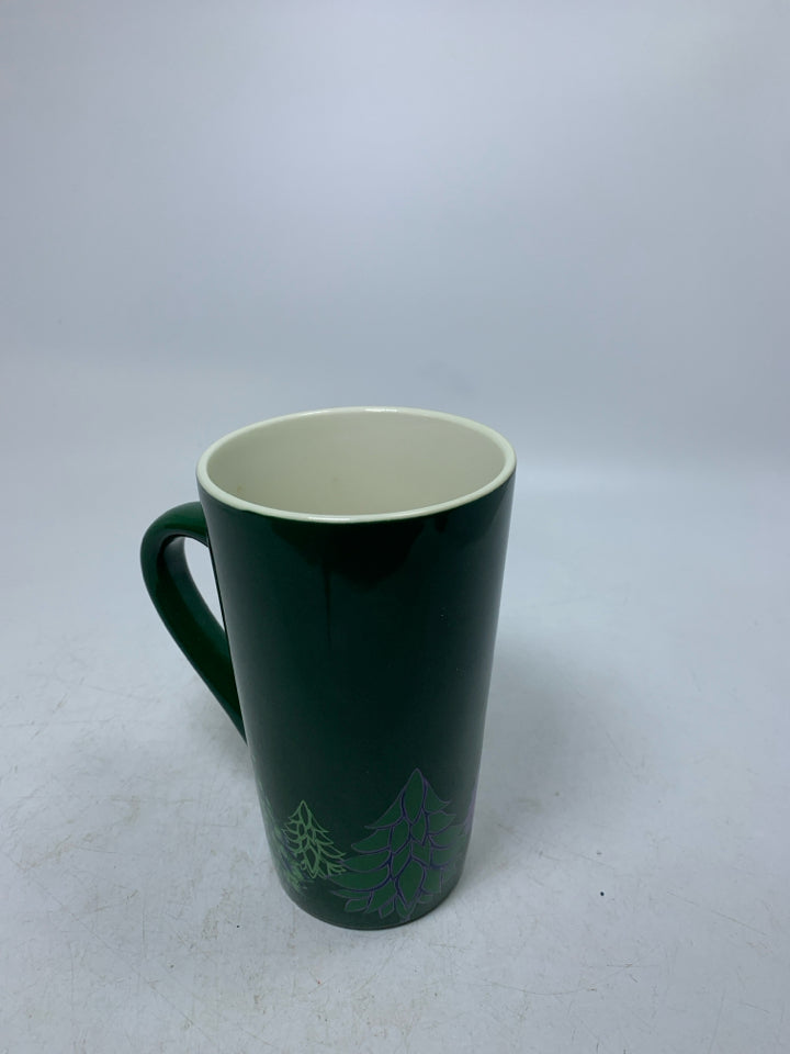 GREEN STARBUCKS MUG W/ PURPLE TREES.