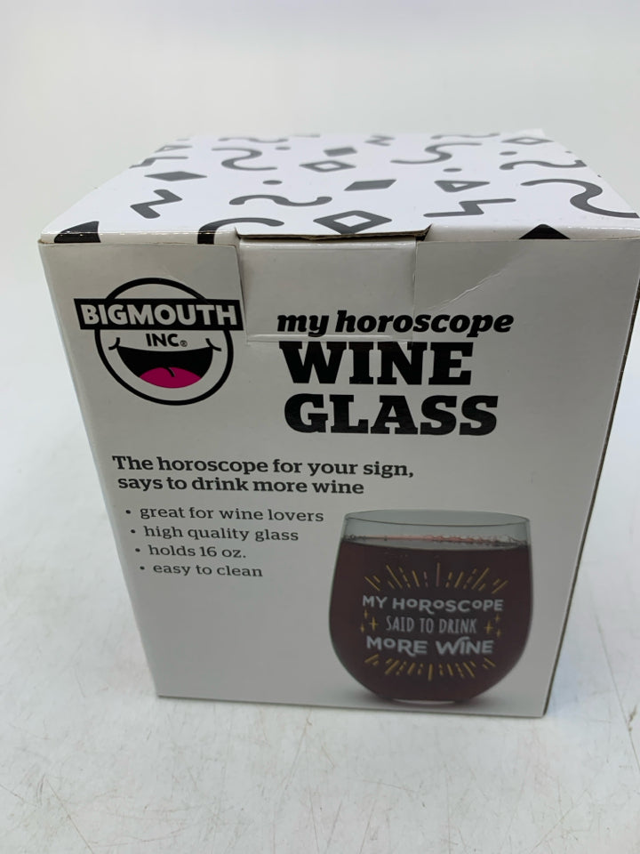 NIB MY HOROSCOPE SAYS STEMLESS WINE GLASS.