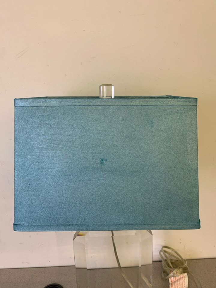 LARGE CRYSTAL LAMP W SQUARE BLUE SHADE.