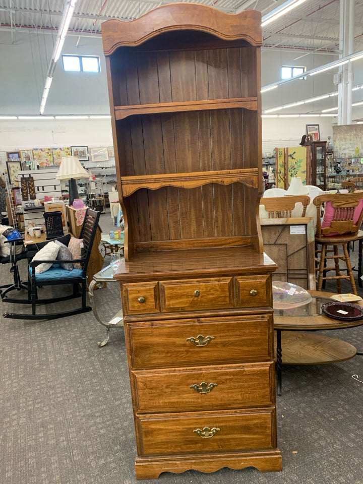 DARK WOOD TALL DRESSER HUTCH W/ 4 DRAWERS+ 2 SHELVES GOLD HARDWARE LEA THE BEDRO