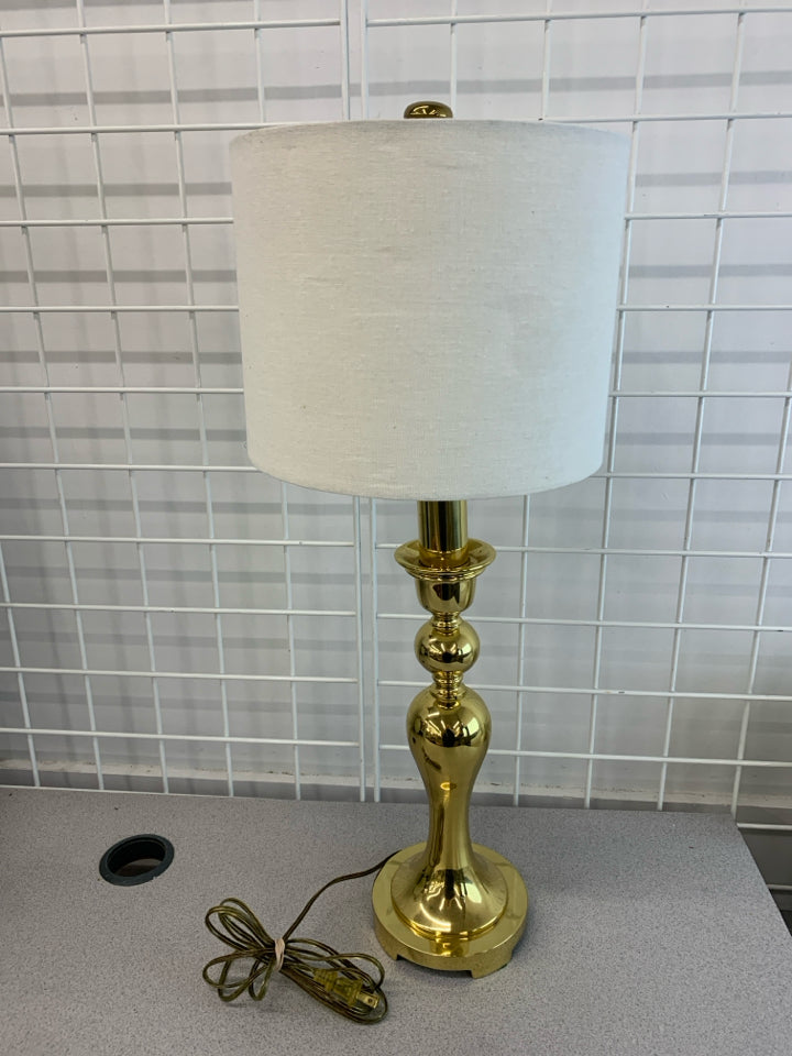 GOLD SKINNY LAMP W/WHITE SHADE.
