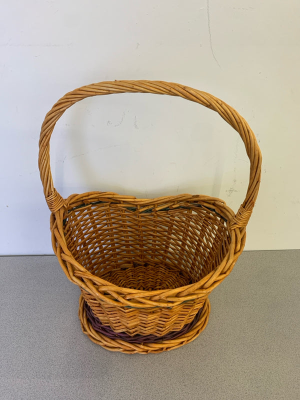 PURPLE AND GREEN WOVEN BASKET FOOTED BASKET.