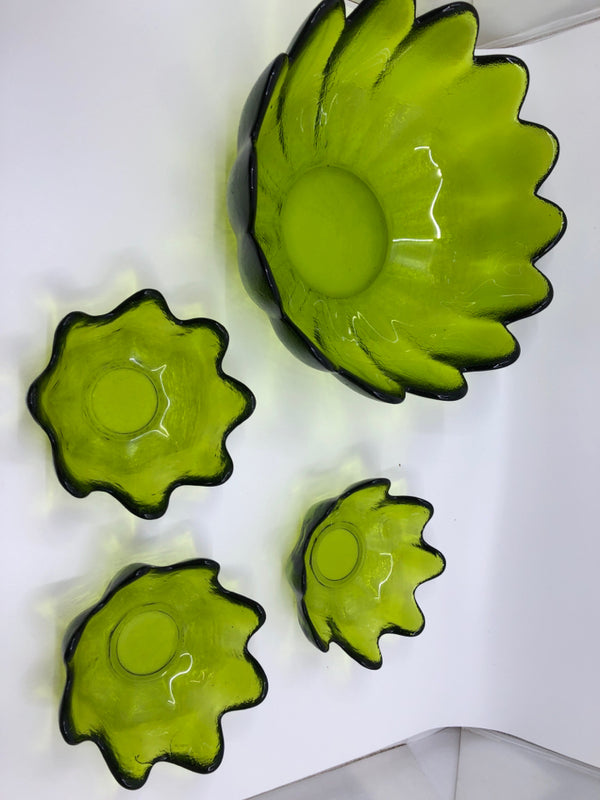 THICK GREEN GLASS SALAD BOWL AND 3 SMALL BOWLS.