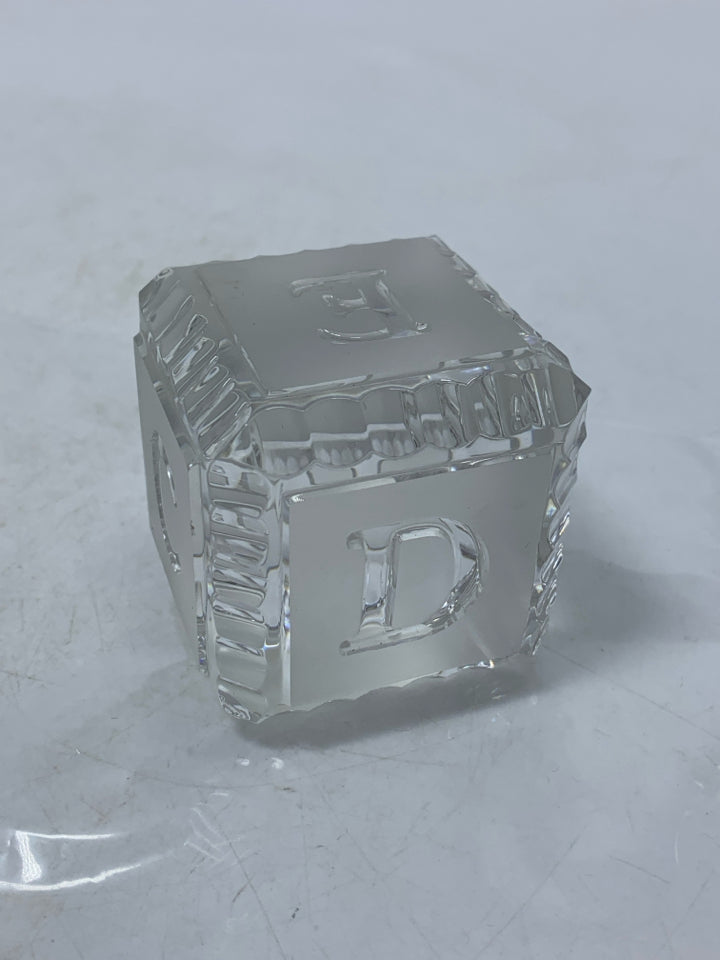 CRYSTAL ABC BABY ALPHABET BLOCK PAPERWEIGHT IN BAG.
