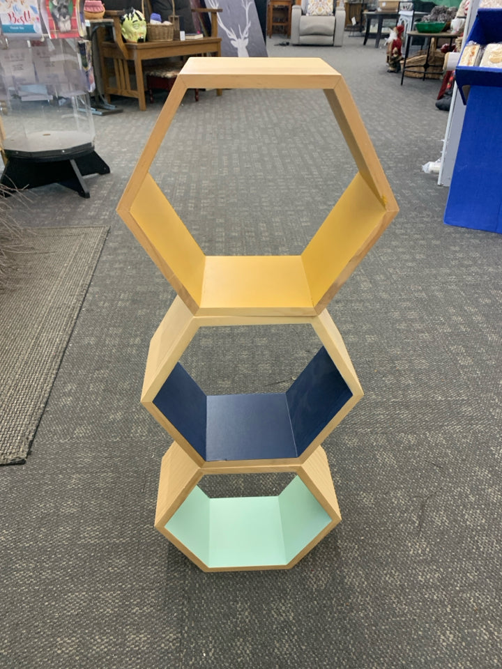 3 COLORFUL HEXAGON WALL SHELVES.