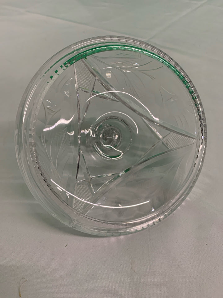 ETCHED FLORAL CRYSTAL FOOTED CANDY DISH.