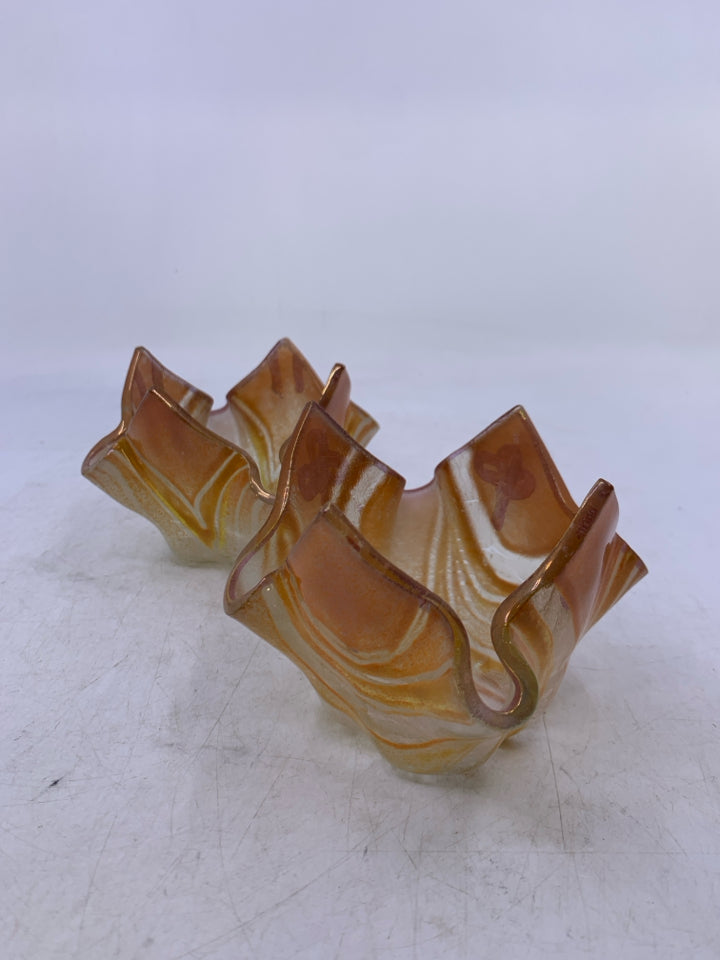2 FUSED ORANGE GLASS TEA LIGHT HOLDERS FOLDER EDGES.