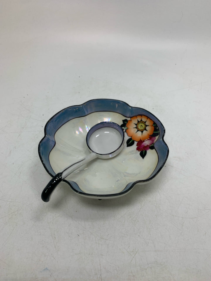 2 PC SPOON & FOOTED BOWL FLOWERS BLUE RIM.