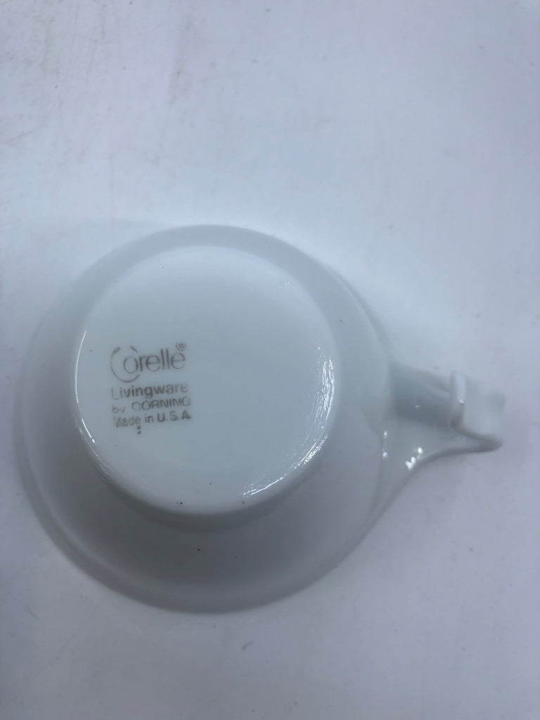 6 CORELLE WHITE CUPS W/ CURVED HANDLES.