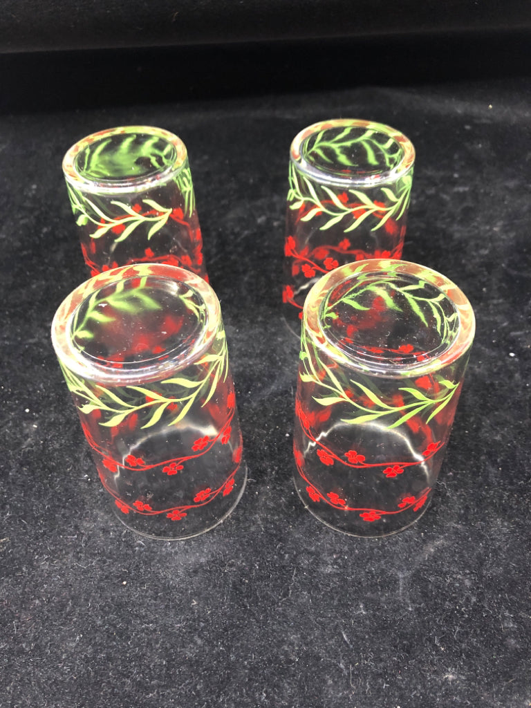 4 RED AND GREEN FLORAL JUICE GLASSES.