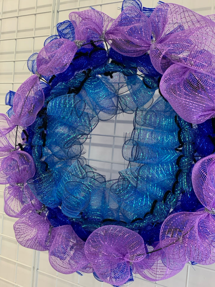 PURPLE/BLUE/TEAL TULLE RIBBON WREATH.