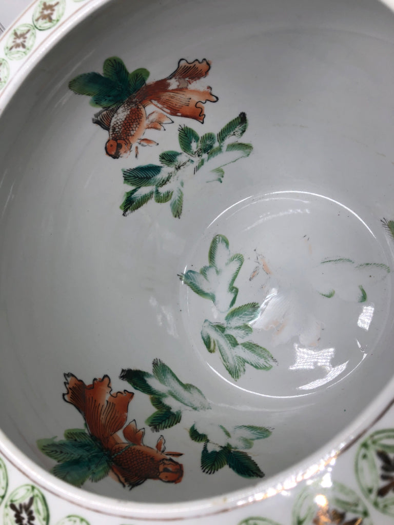 GOLD RIM LATTICE DESIGN PLANTER W/GOLDFISH PAINTED INSIDE.