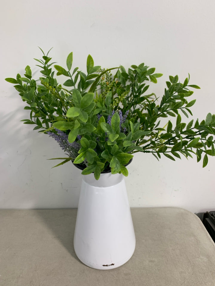 LARGE METAL WHITE PITCHER W/ FAUX GREENERY.