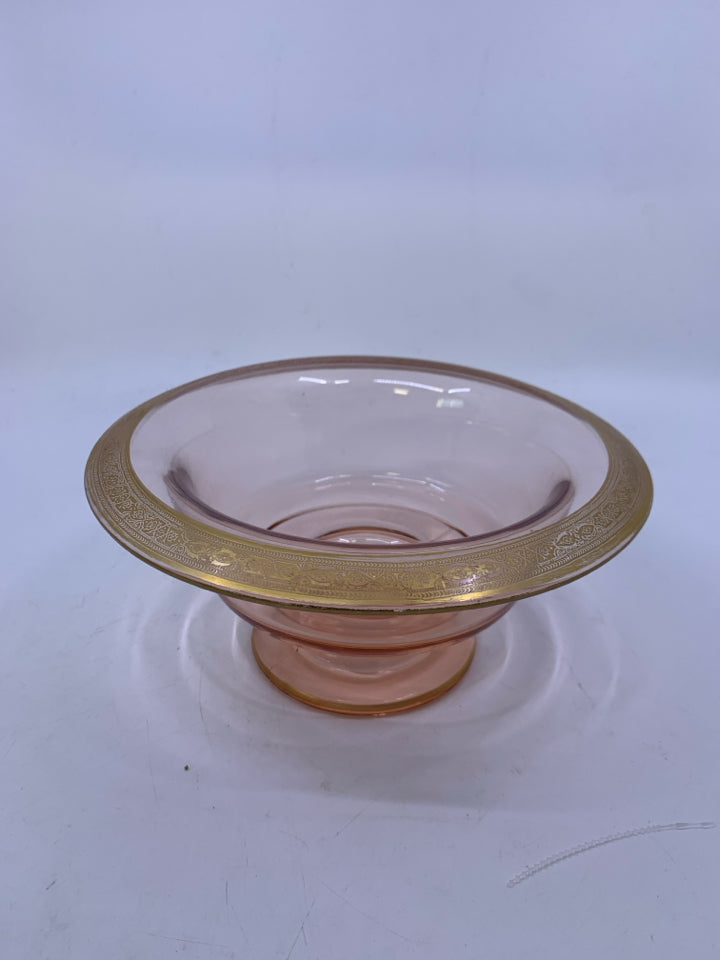 VTG FOOTED PINK DEPRESSION GLASS W/ DETAILED GOLD EDGE CENTERPIECE BOWL.