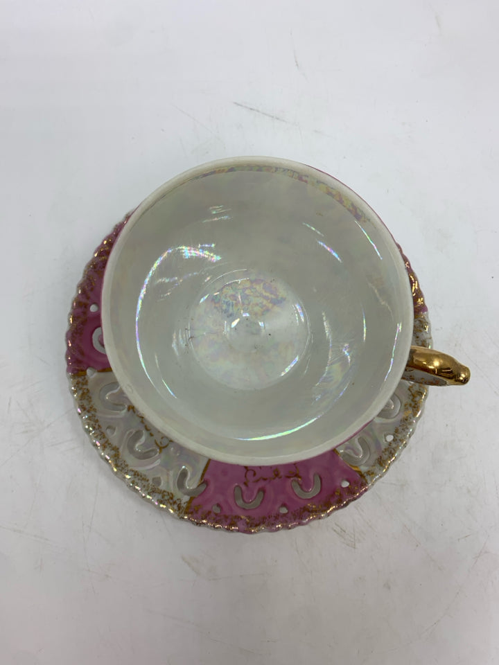 VTG PINK/WHITE TEACUP & SAUCER.