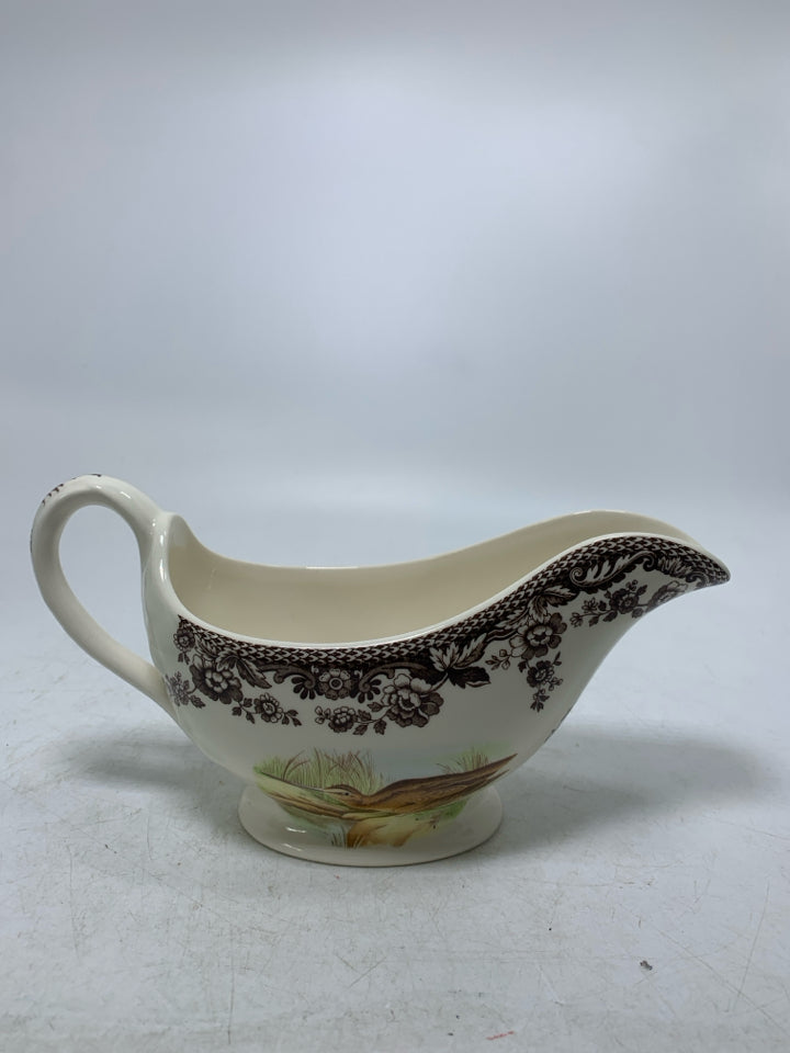 SPODE WOODLAND GRAVY BOAT W/ MALLARD DUCK & SNIPE BIRD BROWN FLORAL BOARDER.
