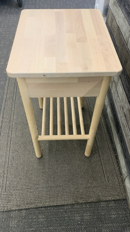 UNFINISHED WOOD NIGHTSTAND W/FAUX LEATHER DRAWER PULL.
