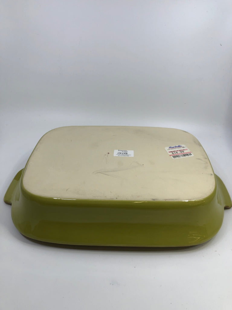 GREEN STONEWARE DISH GRESTEL W/ EMBOSSED LINES ON EDGE.