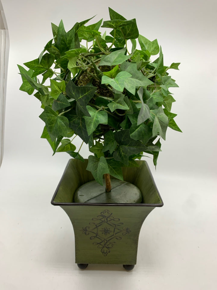 FAUX IVY TREE IN GREEN METAL PLANTER.