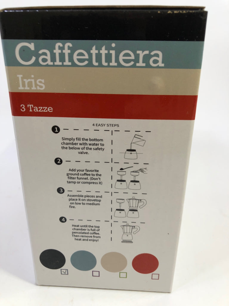NIB BLACK IRIS 3 TAZZE STOVETOP ESPRESSO MAKER