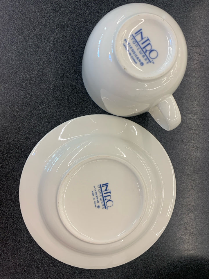 4 BLUE STRIPE STONEWARE MUG + SAUCER SET.