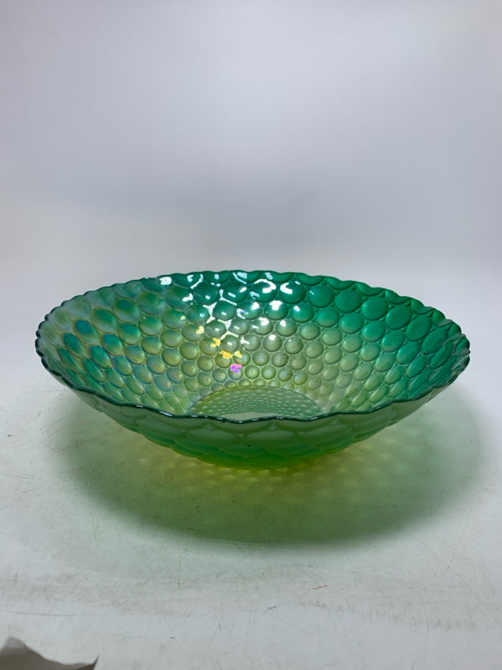 OMBRE EMBOSSED GREEN/YELLOW CIRCLES GLASS BOWL.