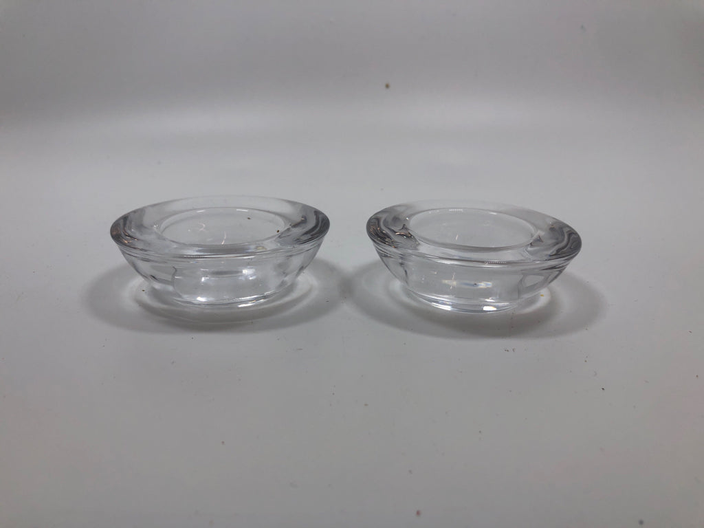 2 CLEAR GLASS TEA LIGHT HOLDERS-CRATE & BARREL.