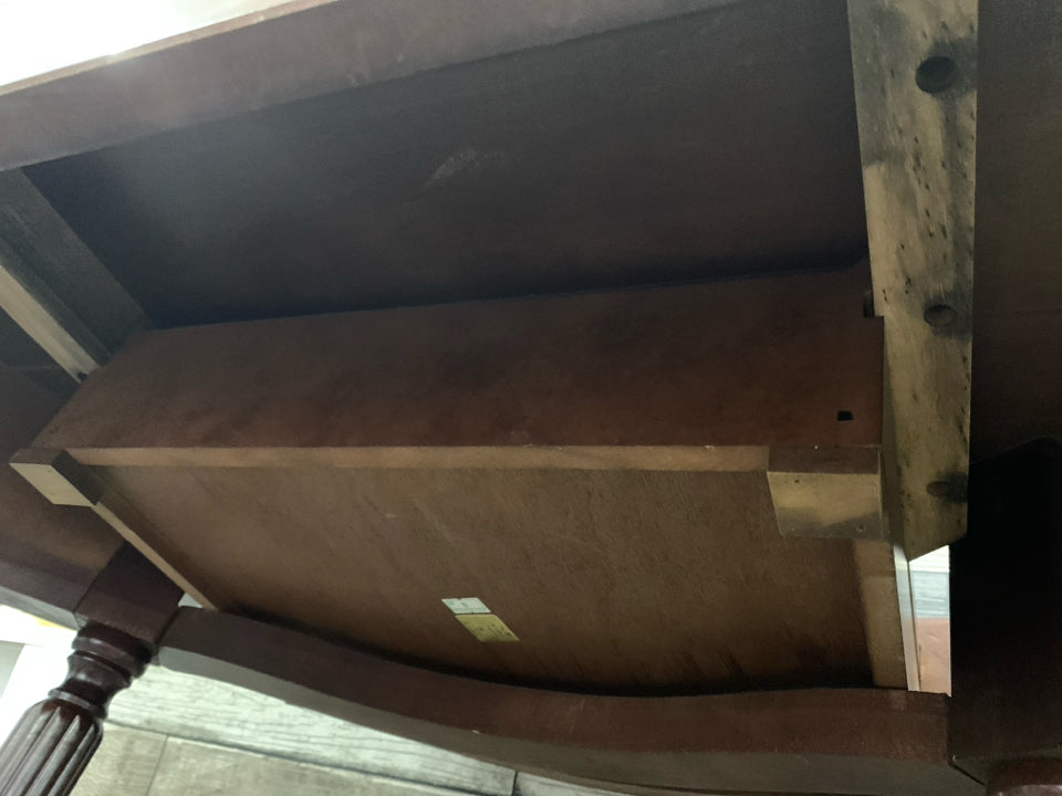 MAROON HALF MOON TABLE W 1 DRAWER.
