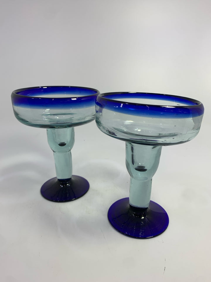 2PC BLUE RIMMED MARGARITA GLASSES.