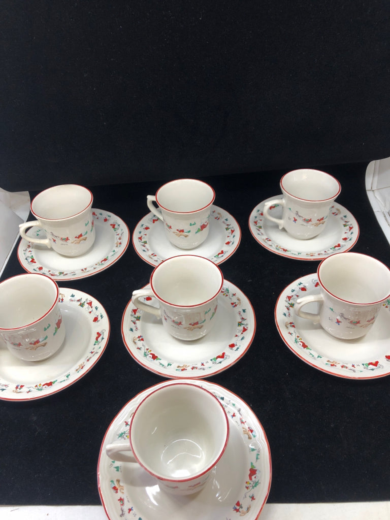 14PC WINTER VILLAGE SCENE- 7 TEACUP 7 SAUCER SET.