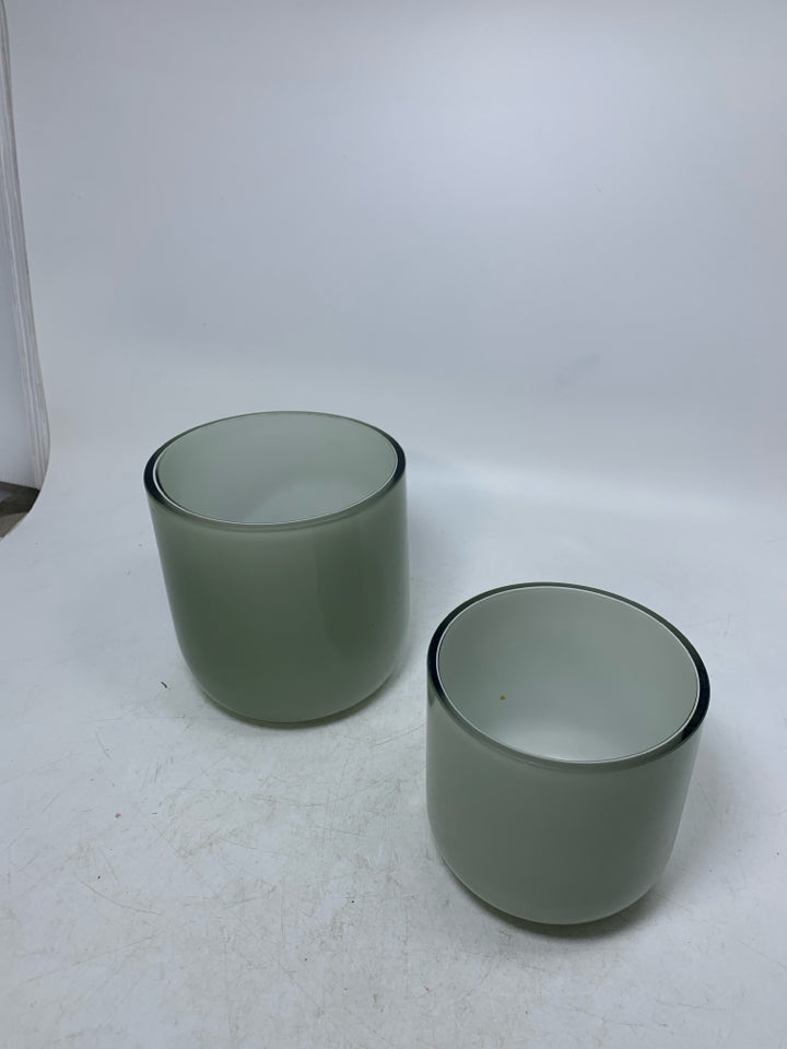 2 LIGHT GREY GLASS PLANTERS.