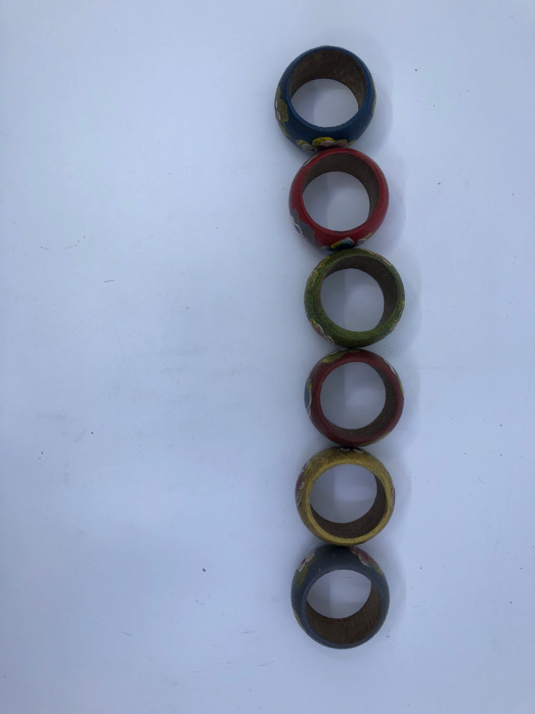 6 PC PAINTED NAPKIN RINGS RED/GREEN/BLUE/GOLD/GRAY