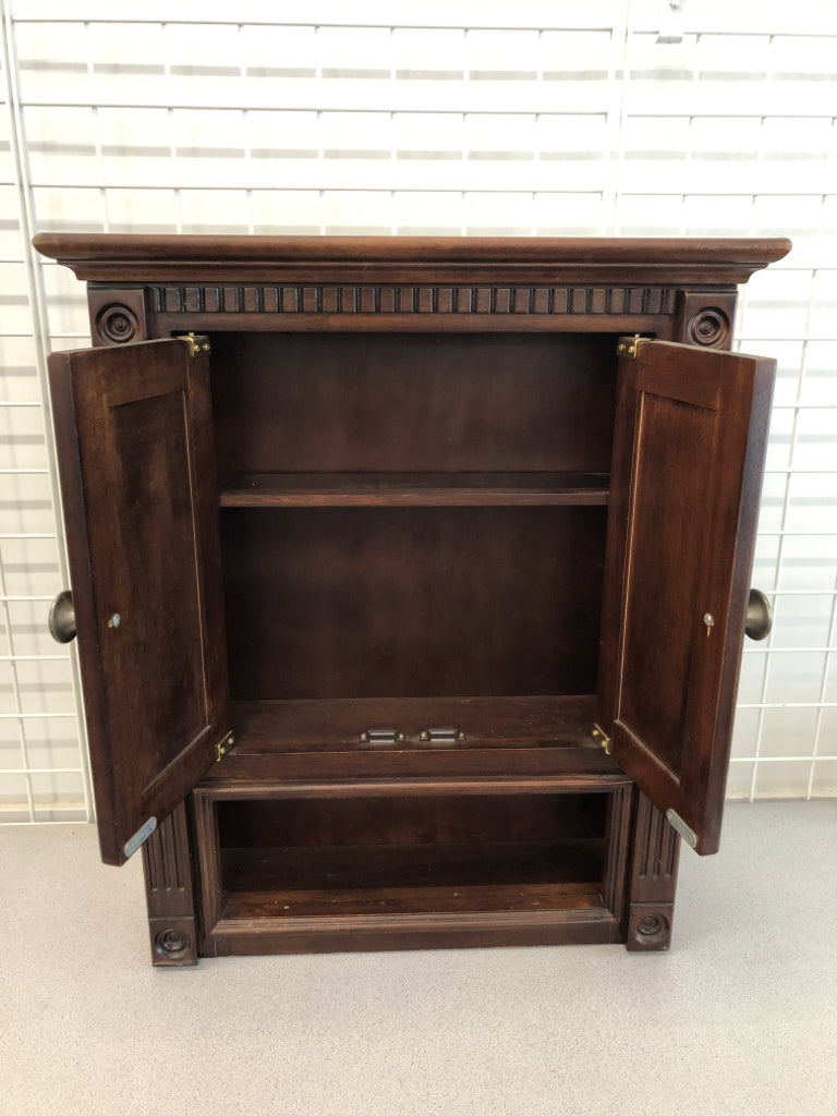 DARK WOOD WALL CABINET W/SHELF.