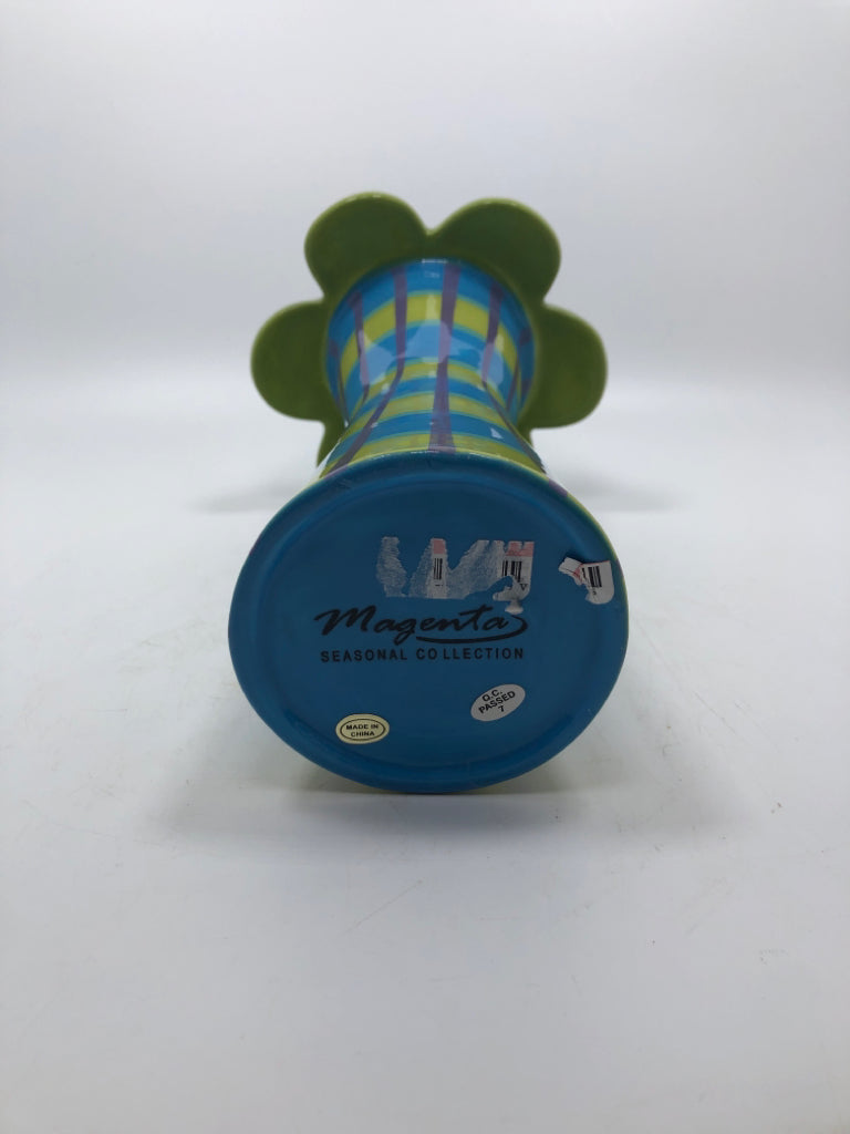 TEAL/GREEN FLOWER SHAPED VASE.
