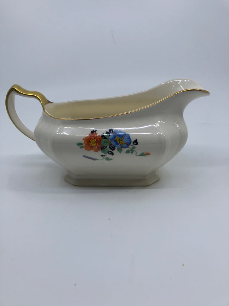 VTG WHITE GOLD TRIM GRAVY SERVER BLUE/PINK FLORAL PATTERN.
