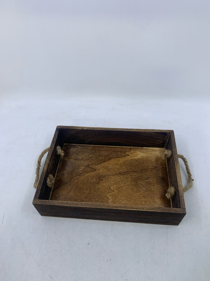 SMALL DARK WOOD TRAY W/ BURLAP TWINE HANDLES.