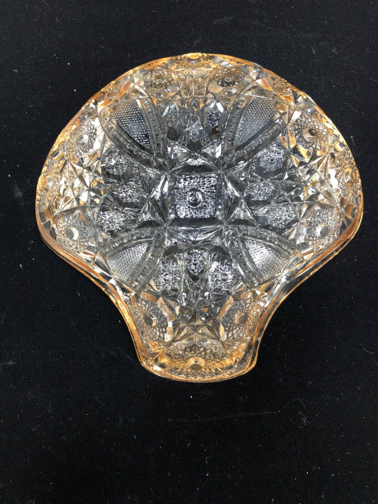 CUT GLASS SHELL SHAPED DISH W/GOLD RIM.
