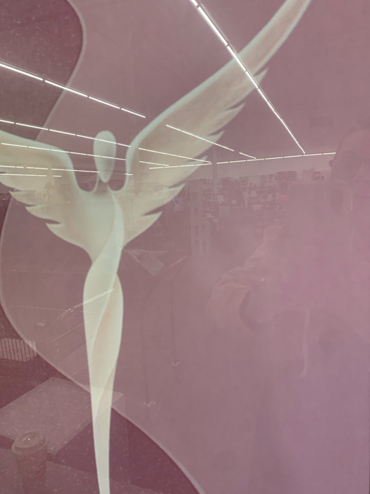 WHITE ANGEL MAUVE/PINK BACKGROUND GOLD DISTRESSED FRAME WALL HANGING.