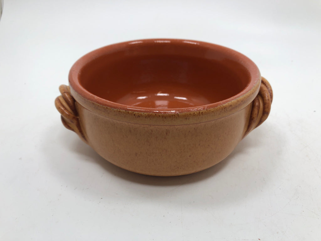 BROWN GLAZED TERRACOTTA BOWL W/TWISTED HANDLES.
