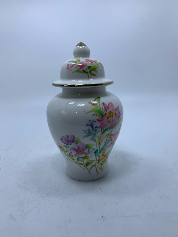 PINK LILY FLOWERS COVERED GINGER JAR.