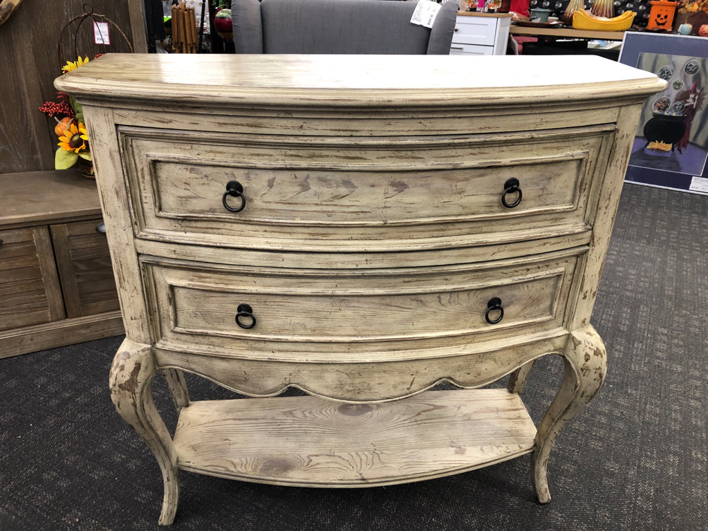 RUSTIC OFF WHITE 2 DRAWER CONSOLE TABLE W/ LOW SHELF.