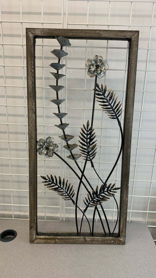 METAL WILDFLOWERS IN WHITE WASHED FRAME.