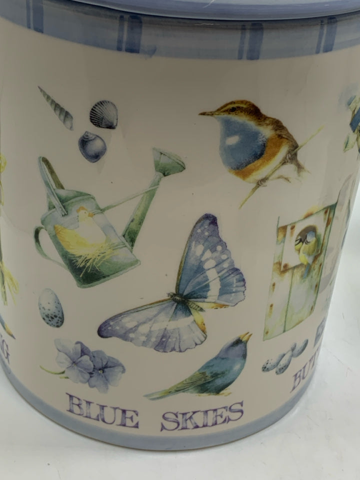 2 BLUE BIRDS AND BUTTERFLIES CANISTERS.